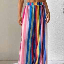 2026 Casual and Elegant Women's Plus Size Elastic Waist Loose Color Striped Comfortable Wide Leg Pants Long Pants