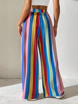 2026 Casual and Elegant Women's Plus Size Elastic Waist Loose Color Striped Comfortable Wide Leg Pants Long Pants