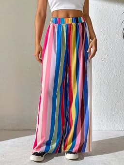 2026 Casual and Elegant Women's Plus Size Elastic Waist Loose Color Striped Comfortable Wide Leg Pants Long Pants