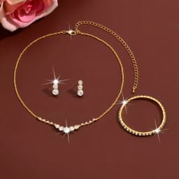 Simple rhinestone geometric stud earrings, necklace and bracelet set. Fashionable elastic wristband. Daily commuting jewelry.