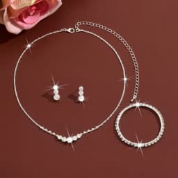 Simple rhinestone geometric stud earrings, necklace and bracelet set. Fashionable elastic wristband. Daily commuting jewelry.