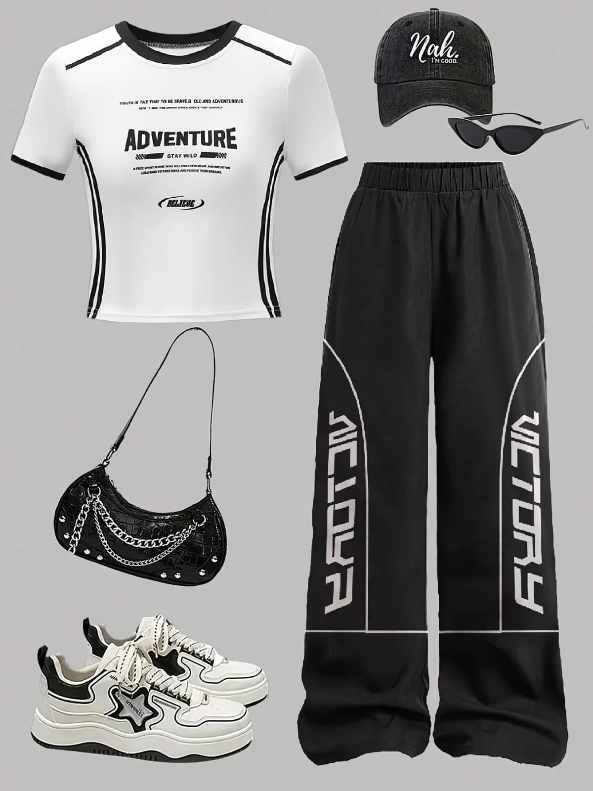 Letter Print Girls 2 Piece Set White Black Colorblock Top & Wide Leg Pants Sporty Casual Outfit