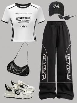 Letter Print Girls 2 Piece Set White Black Colorblock Top & Wide Leg Pants Sporty Casual Outfit