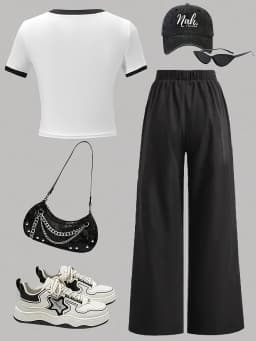 Letter Print Girls 2 Piece Set White Black Colorblock Top & Wide Leg Pants Sporty Casual Outfit