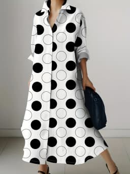 Black and White Polka Dot Print Long Sleeve Dress Vacation Style Button Down A-Line Midi Dress Summer Casual Women Clothing