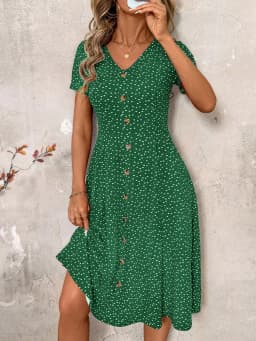 Women's Polka Dot V Neck Midi Dress Casual Button Down Short Sleeve A Line Swing Summer Beach Dress