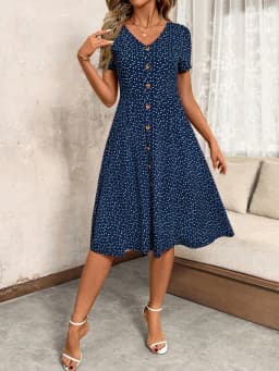 Women's Polka Dot V Neck Midi Dress Casual Button Down Short Sleeve A Line Swing Summer Beach Dress