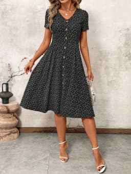 Women's Polka Dot V Neck Midi Dress Casual Button Down Short Sleeve A Line Swing Summer Beach Dress