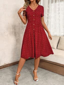 Women's Polka Dot V Neck Midi Dress Casual Button Down Short Sleeve A Line Swing Summer Beach Dress