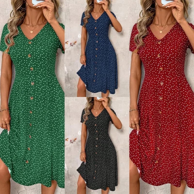 Women's Polka Dot V Neck Midi Dress Casual Button Down Short Sleeve A Line Swing Summer Beach Dress