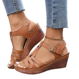 2026 Summer New Women's High Heel Sandals Wedge Heel Sandals Retro Leather Sandals Ladies Casual Platform Sandal Sandalias Mujer