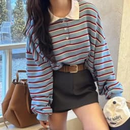 Korean thin striped sweatshirt for girls in spring and autumn, retro versatile, contrasting loose casual top