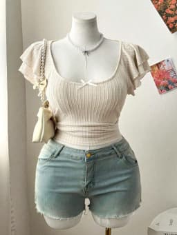 Plus Size Women's Ruffle Sleeve Scoop Neck Crop Top with Bow Detail