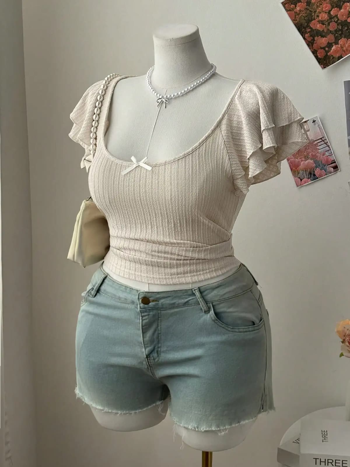 Plus Size Women's Ruffle Sleeve Scoop Neck Crop Top with Bow Detail