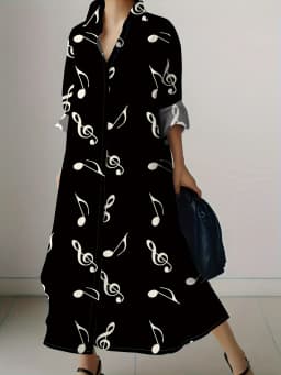 Women's Long Sleeve Button Down Midi Dress with Music Note Print Vacation Style Casual Summer Dress for Ladies