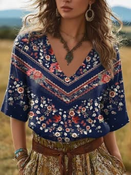 Rustic Bohemian Floral Print Casual Top V Neck Half Sleeve Blouse For Women Summer Holiday And Country Outfits