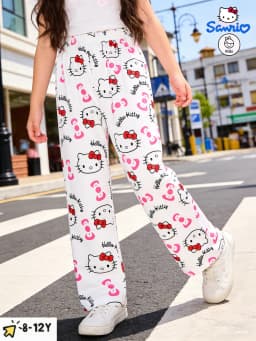 Sanrio Girls' Long Pants Spring and Autumn Hello Kitty Girls' Outdoor Fashion Casual Wide Leg Pants, Suitable for Home Wearing