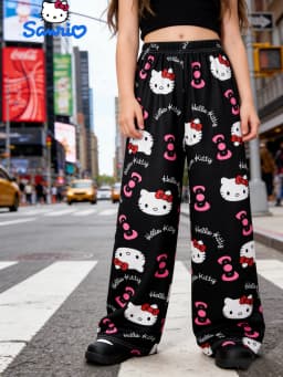 Sanrio Girls' Long Pants Spring and Autumn Hello Kitty Girls' Outdoor Fashion Casual Wide Leg Pants, Suitable for Home Wearing