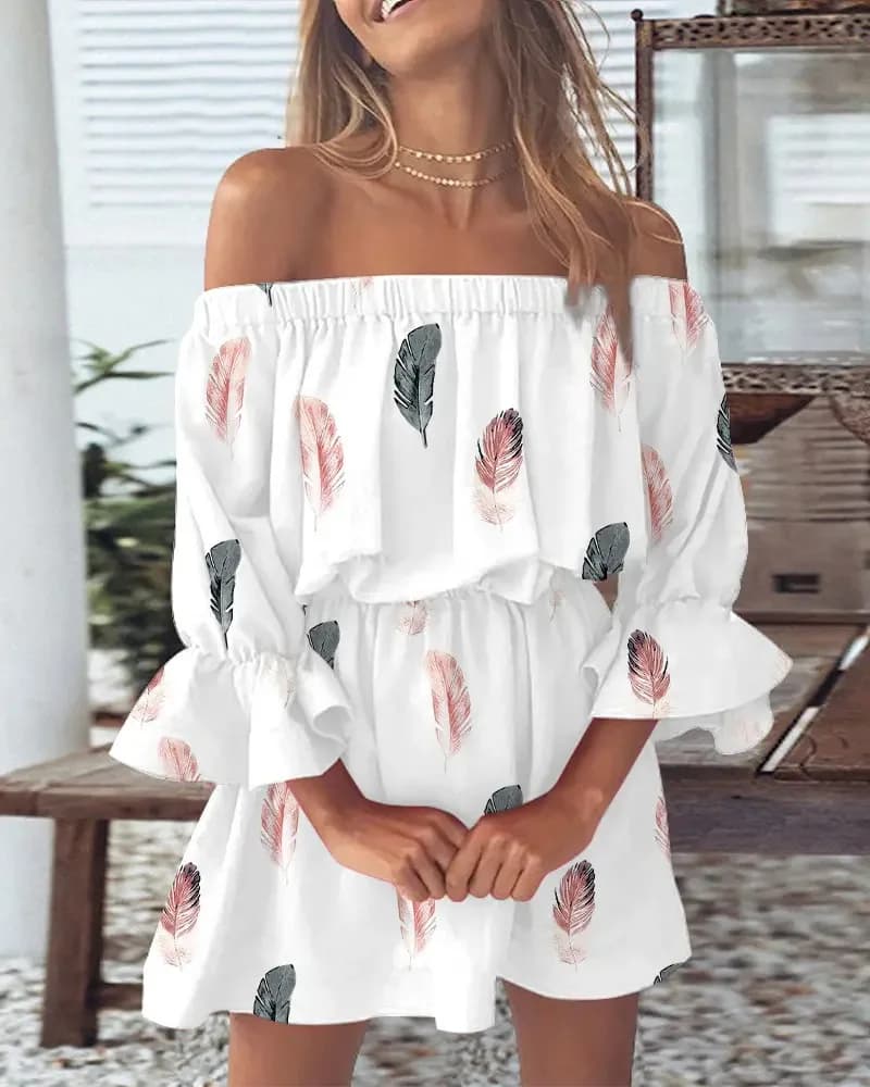 Women's Off-Shoulder Floral & Leaf Print Mini Dress with Ruffled Hem and Bell Sleeves - Chic Summer Casual Boho Beach