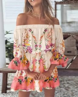 Women's Off-Shoulder Floral & Leaf Print Mini Dress with Ruffled Hem and Bell Sleeves - Chic Summer Casual Boho Beach