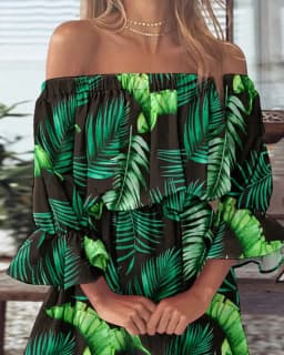 Women's Off-Shoulder Floral & Leaf Print Mini Dress with Ruffled Hem and Bell Sleeves - Chic Summer Casual Boho Beach