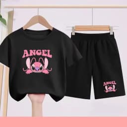 Children's Set - Girls' Purple and Pink, Boys' Blue Printed Cartoon and Anime Pattern Sports T-shirts, Suitable for Daily Wear