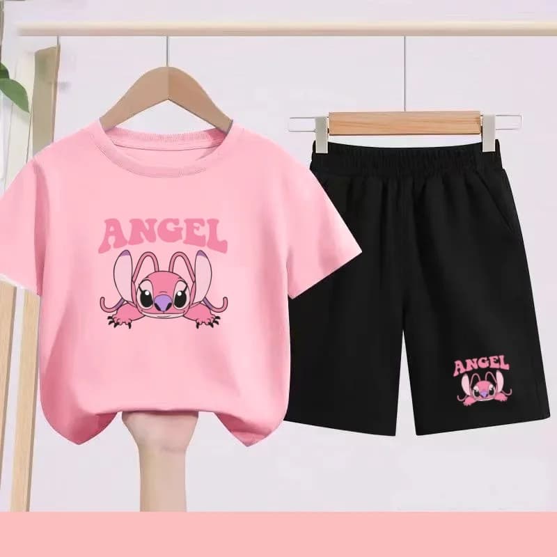 Children's Set - Girls' Purple and Pink, Boys' Blue Printed Cartoon and Anime Pattern Sports T-shirts, Suitable for Daily Wear