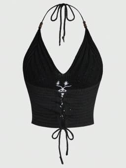 Women's Boho Halter Top Spring Summer Hippie Knit Beaded Celestial Design with Sun Moon Star Moth