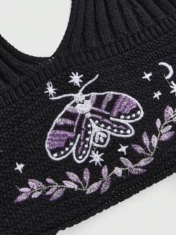 Women's Boho Halter Top Spring Summer Hippie Knit Beaded Celestial Design with Sun Moon Star Moth