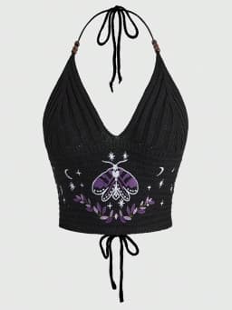 Women's Boho Halter Top Spring Summer Hippie Knit Beaded Celestial Design with Sun Moon Star Moth