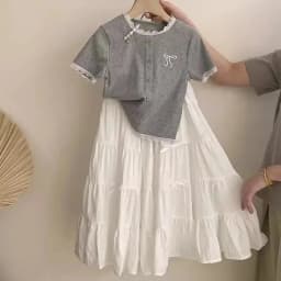 Two Piece Set Girls' Short Sleeved Skirt Summer New Fashion Lace T-shirt Cake Skirt Kids Beautiful Suit
