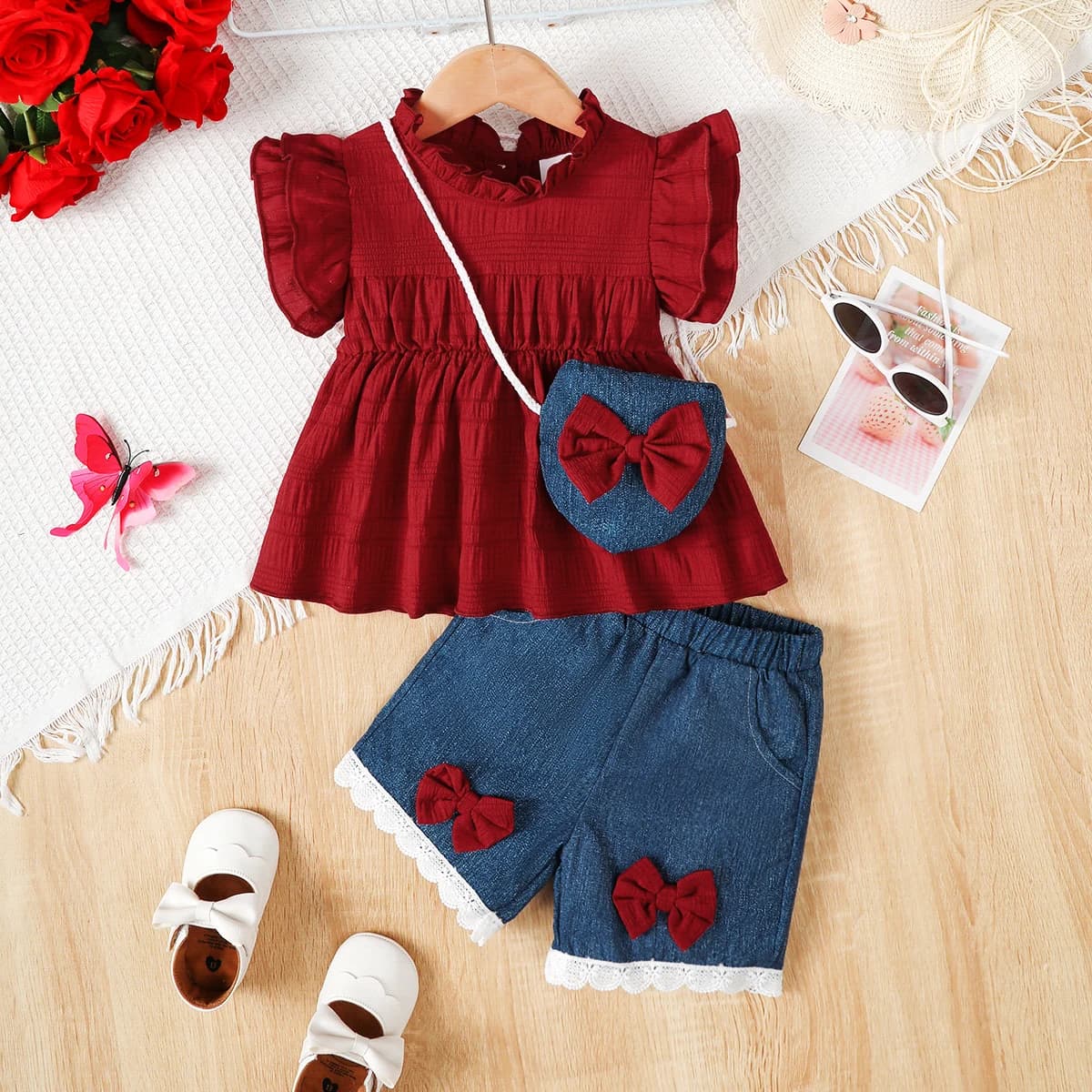 3Pcs Baby Girl Set with Flying Sleeves and Ruffled Tops, Blue Shorts, and Mini Bags. 0-3 Year Old Baby Girl Summer Fashion Set