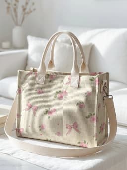 Pink Rose & Bow Print Corduroy Tote Bag Large Capacity Multi Pocket Commuter Shoulder Bag