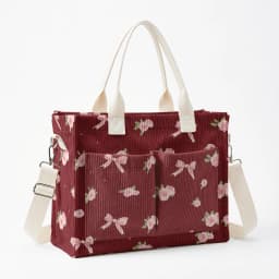 Pink Rose & Bow Print Corduroy Tote Bag Large Capacity Multi Pocket Commuter Shoulder Bag