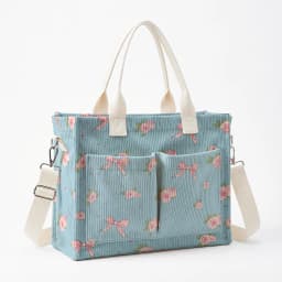 Pink Rose & Bow Print Corduroy Tote Bag Large Capacity Multi Pocket Commuter Shoulder Bag