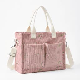 Pink Rose & Bow Print Corduroy Tote Bag Large Capacity Multi Pocket Commuter Shoulder Bag