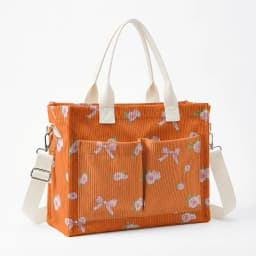Pink Rose & Bow Print Corduroy Tote Bag Large Capacity Multi Pocket Commuter Shoulder Bag