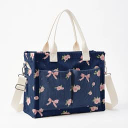 Pink Rose & Bow Print Corduroy Tote Bag Large Capacity Multi Pocket Commuter Shoulder Bag