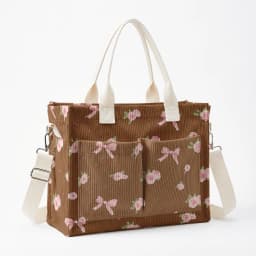 Pink Rose & Bow Print Corduroy Tote Bag Large Capacity Multi Pocket Commuter Shoulder Bag