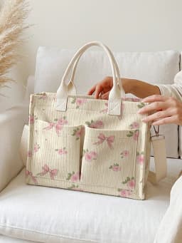 Pink Rose & Bow Print Corduroy Tote Bag Large Capacity Multi Pocket Commuter Shoulder Bag
