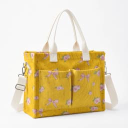 Pink Rose & Bow Print Corduroy Tote Bag Large Capacity Multi Pocket Commuter Shoulder Bag