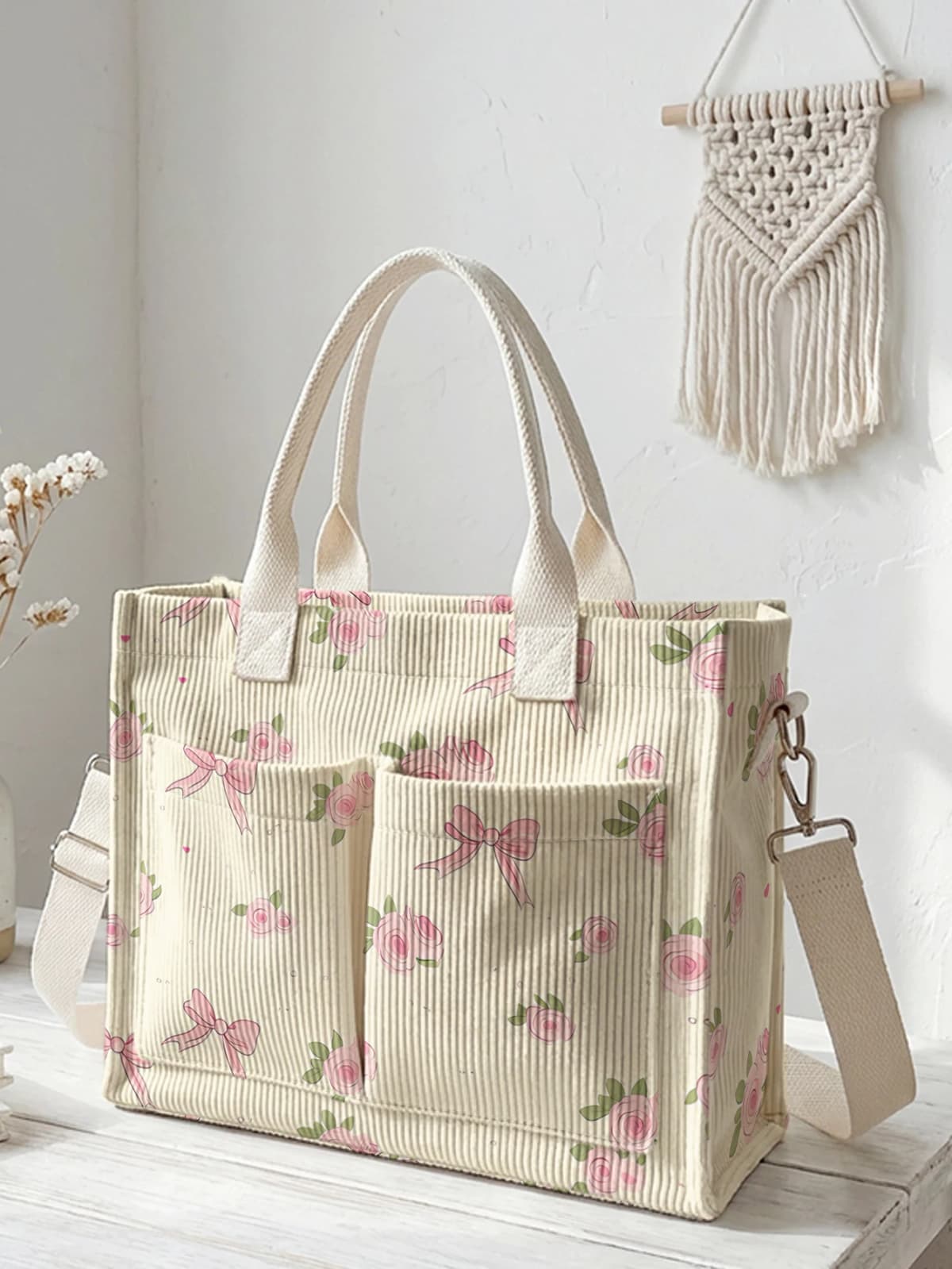 Pink Rose & Bow Print Corduroy Tote Bag Large Capacity Multi Pocket Commuter Shoulder Bag
