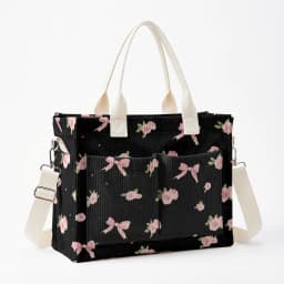Pink Rose & Bow Print Corduroy Tote Bag Large Capacity Multi Pocket Commuter Shoulder Bag