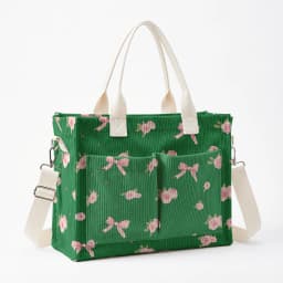 Pink Rose & Bow Print Corduroy Tote Bag Large Capacity Multi Pocket Commuter Shoulder Bag