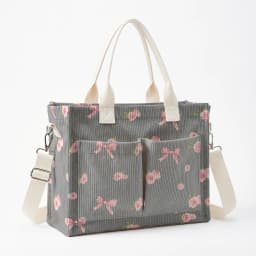 Pink Rose & Bow Print Corduroy Tote Bag Large Capacity Multi Pocket Commuter Shoulder Bag