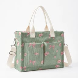 Pink Rose & Bow Print Corduroy Tote Bag Large Capacity Multi Pocket Commuter Shoulder Bag
