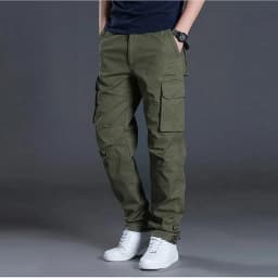 Men's Cotton Work Cargo Pants Tactical Military Hiking Outdoor Pants with 6 Pockets Elastic Waist