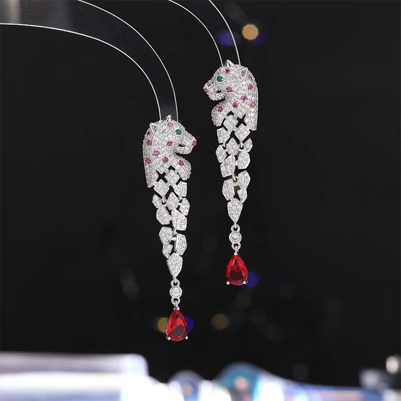 New Water Drop Earrings Micro-inlaid Zircon Leopard Head Earrings Long Tassel Three-dimensional Spotted Leopard Earrings