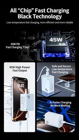 EU PD 45W Fast Charger For iPhone 17 16 15 11 12 13 14 Pro Max iPad Air Fast Charging Cable USB C Type C Data Line Phone Charger