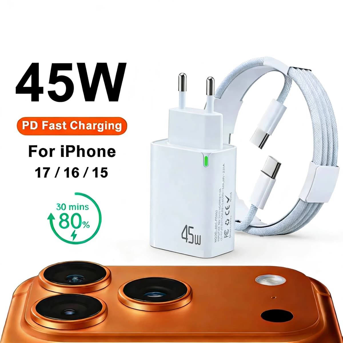 EU PD 45W Fast Charger For iPhone 17 16 15 11 12 13 14 Pro Max iPad Air Fast Charging Cable USB C Type C Data Line Phone Charger